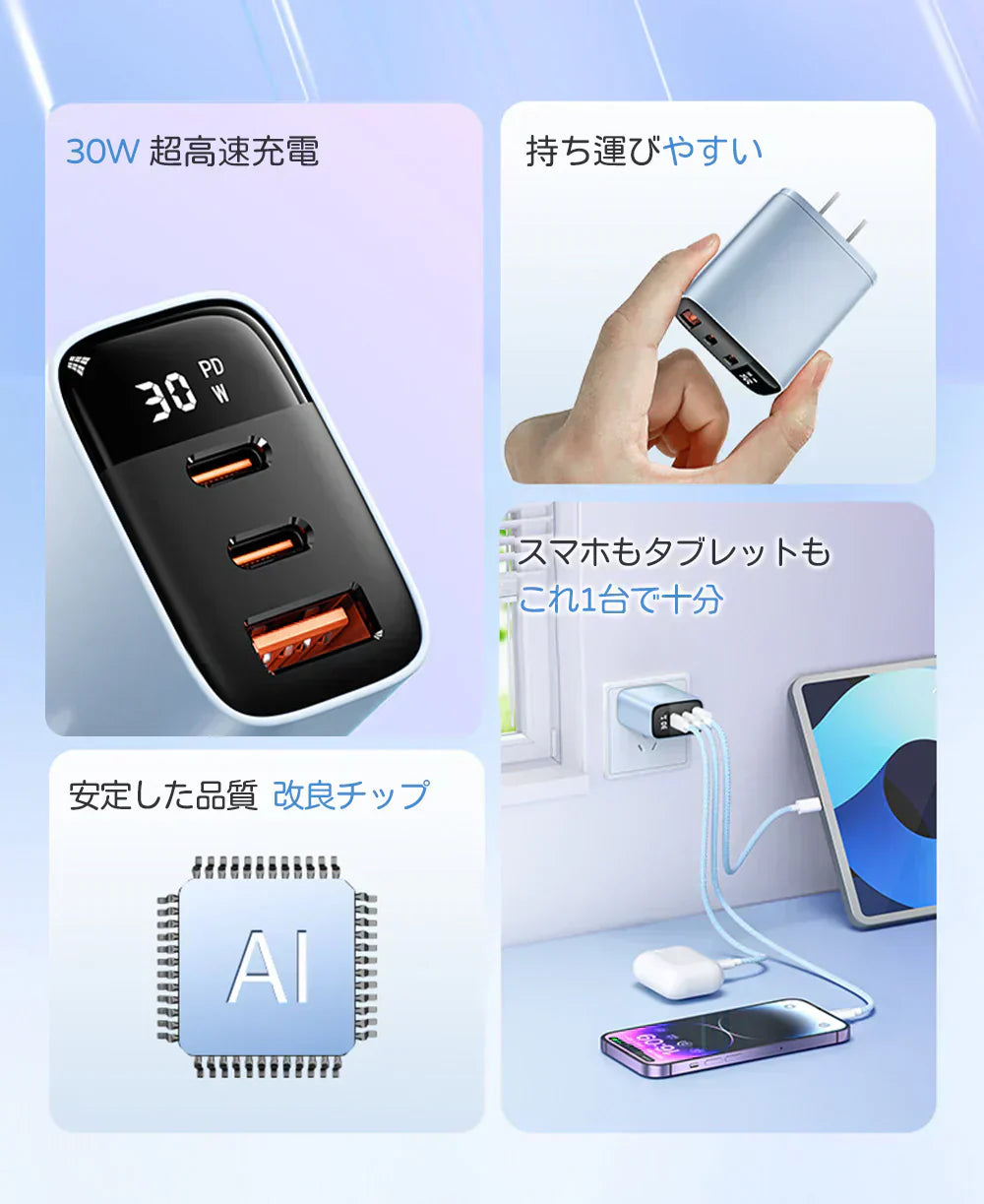 【PSE認証取得】ブルーフォグ\ Type-C to Type-C 充電ケーブル付き/30W 充電器 急速充電器 iphone16対応 typec コンセント ACアダプター Android充電器 PD急速充電器 充電器 AC充電器 高速充電 type-cケーブル スマホ充電器 iPhone充電器 低温保護機能 防火カバー 充電器