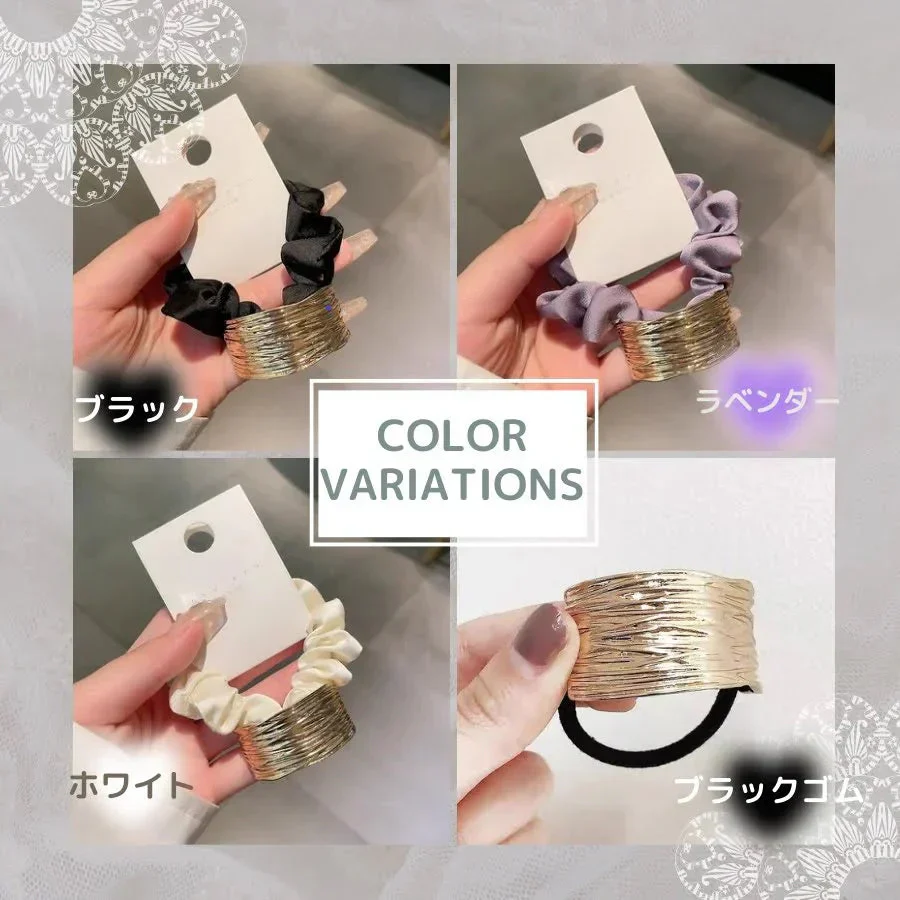 【シュシュタイプ:ホワイト】ゴールドシュシュ ヘアゴム シュシュ ヘアアクセサリー おしゃれ 大きめ 髪留め 髪ゴム ヘアアクセ 結婚式 黒 アレンジ 簡単 まとめ髪