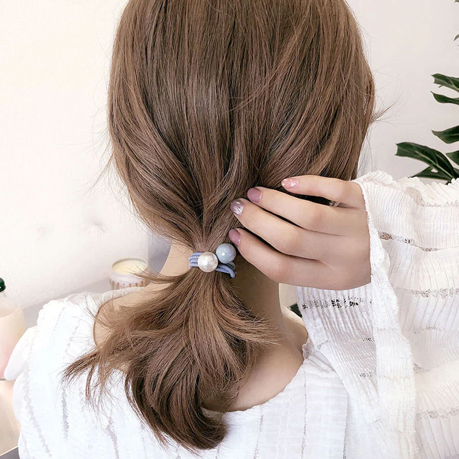 (ブルー)ヘアゴム パール おしゃれ リボン結び シンプル 髪留め ヘア留め かわいい 髪飾り 上品 パーティー飾りヘアアクセサリー