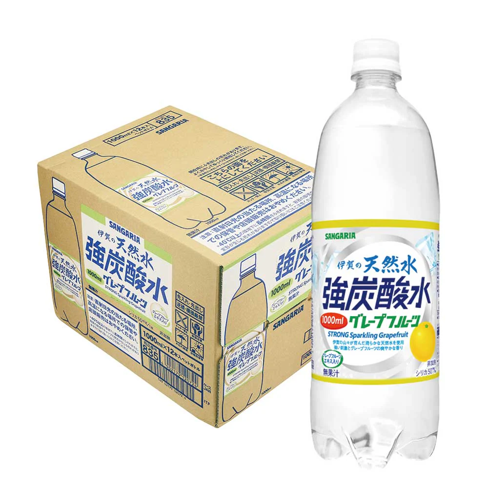 【送料無料】サンガリア 伊賀の天然水 強炭酸水 グレープフルーツ 1000ml(1L)×12本(1ケース)