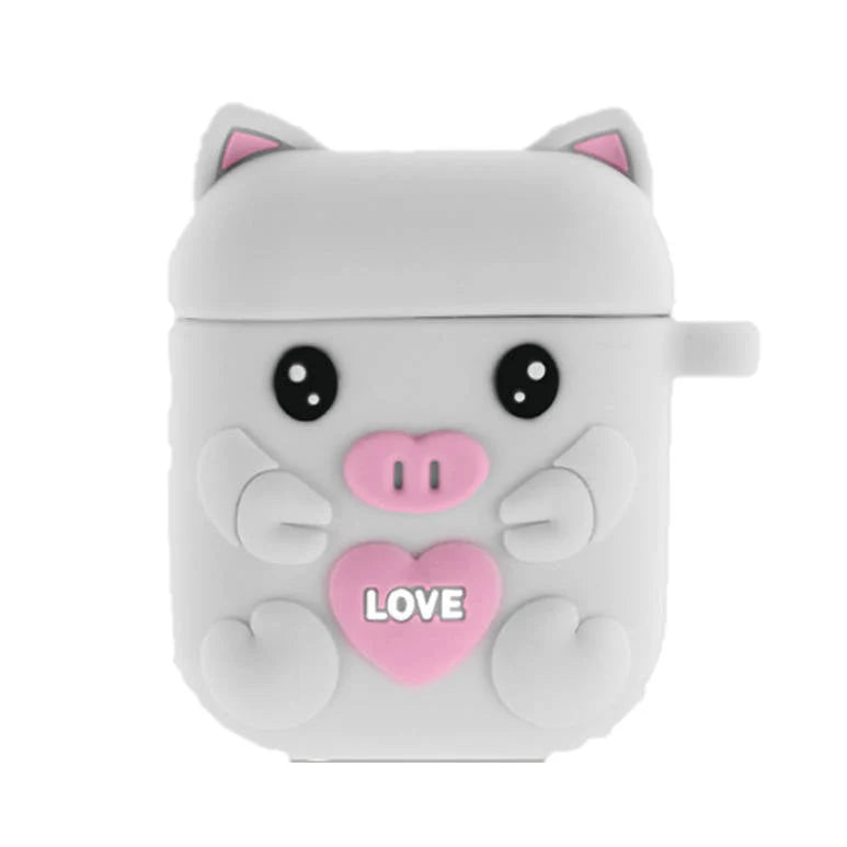airpods1/2 グレー ピッグキャラクター 可愛い豚 エアーポッズ カバー シリコンエアポッツ 1/2 ケース かわいい キズ防止 耐衝撃 保護 紛失防止 4色カラビナ付き