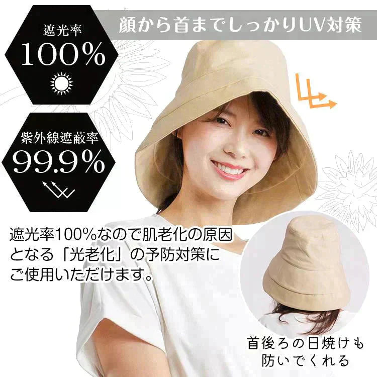 涼感ハットUV 「つば長タイプ ブラック」 レディース 大きいサイズ 遮光100% 接触冷感 UVカット 折りたたみ 日よけ あご紐 小顔効果 大きめ
