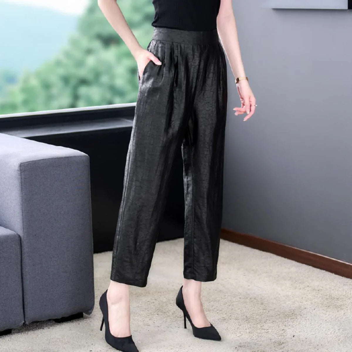 【2XL】テーパードパンツ シルク 光沢 レディース ズボン シルクパンツ 春 夏 秋 美脚 ロングパンツ  ロング 膝下 ひざ下  高見え 上品 高級感 オフィス OL 通勤 送料無料