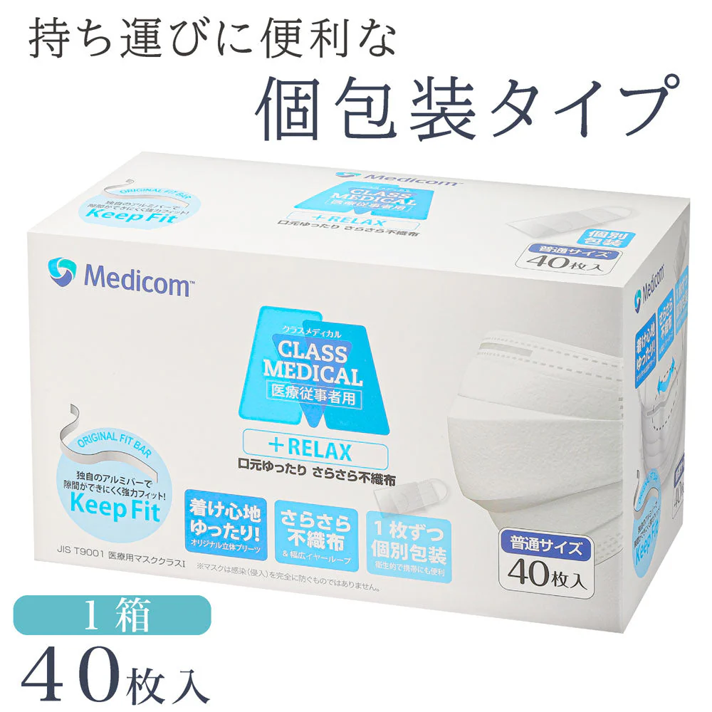 メディコム クラスメディカル プラスリラックス 口元ゆったり さらさら不織布 ホワイト 個包装 普通サイズ 40枚入り X4箱