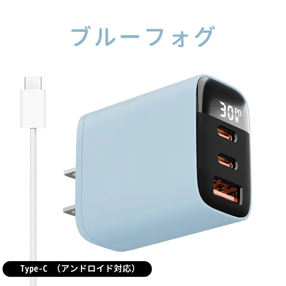 【PSE認証取得】ブルーフォグ\ Type-C to Type-C 充電ケーブル付き/30W 充電器 急速充電器 iphone16対応 typec コンセント ACアダプター Android充電器 PD急速充電器 充電器 AC充電器 高速充電 type-cケーブル スマホ充電器 iPhone充電器 低温保護機能 防火カバー 充電器