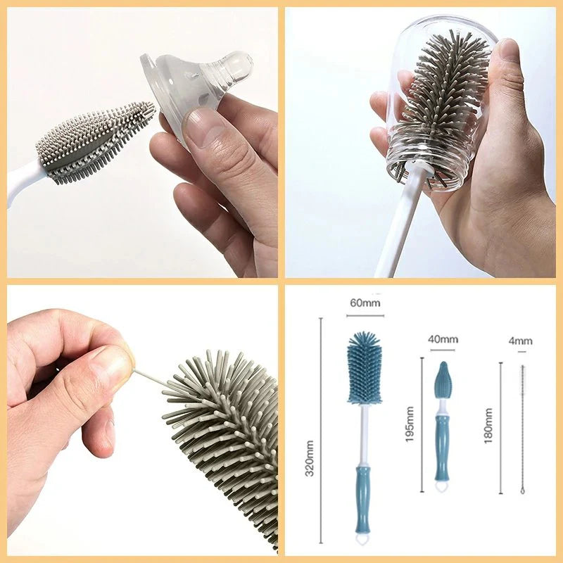 哺乳瓶乳首ブラシ ボトルブラシ 水筒 洗浄ブラシ シリコン ブラシセット 3点セット 360度回転 使いやすい 持ち運び ベビ- w326D(タイプD)