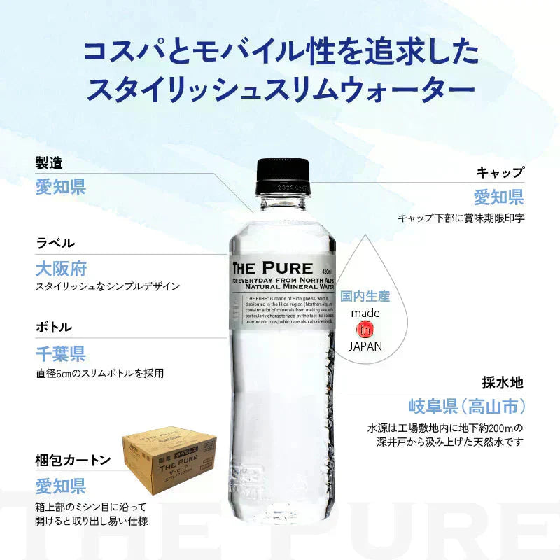 大人気商品!【送料無料】【1ケース】THE PURE ザ ピュア 北アルプスの天然水 420ml 42本 天然水 水 ナチュラルミネラルウォーター 北アルプスの天然水 ザ ピュア 炭酸水素イオン アルプス 飛騨 高山 軟水 岐阜県 日本製 国産 ローリングストック 備蓄 pure
