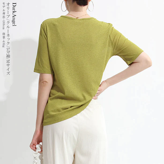 シアーTシャツ(オリーブ/クルーネック/5分袖/Lサイズ)