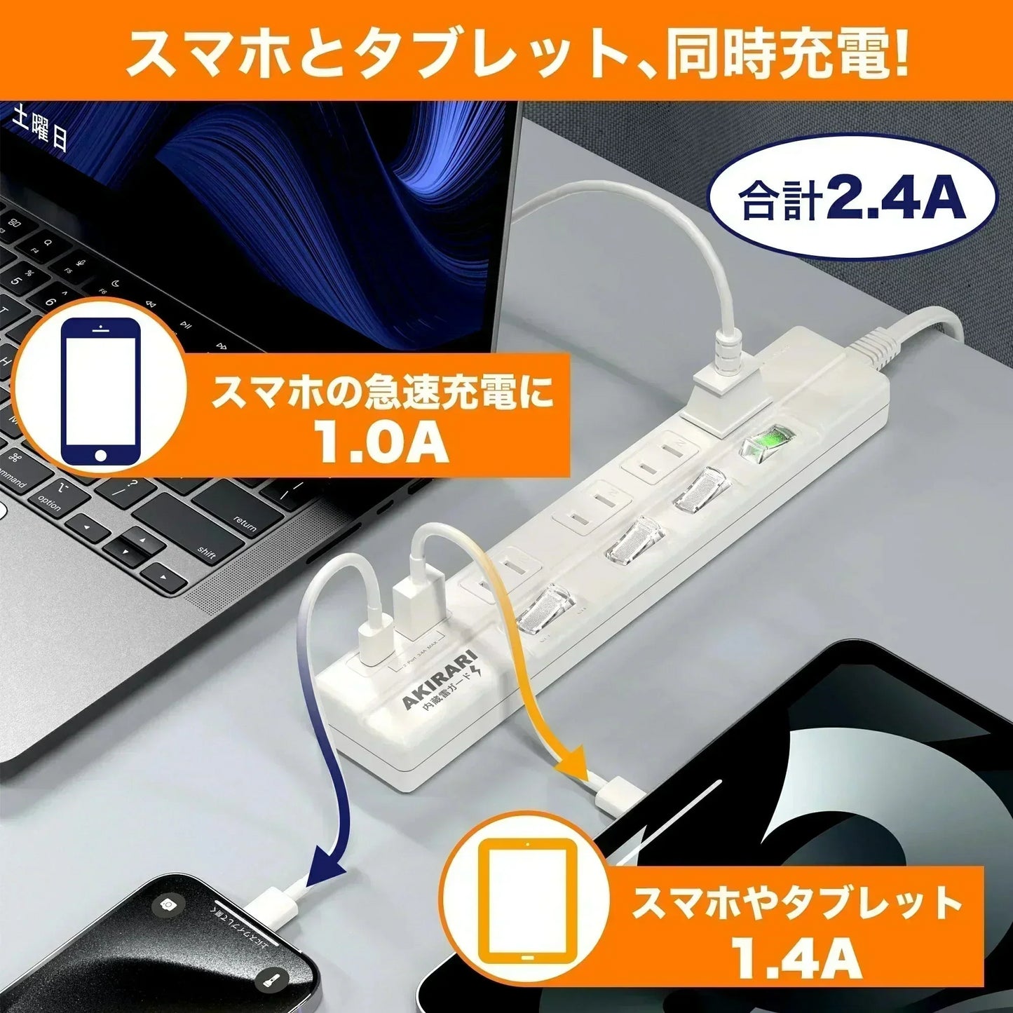 【雷ガード搭載】人気 電源タップ 延長ケーブル 延長コード 1m AC4個口+2USB type-C type-A 180度スイングプラグ 個別スイッチ LED付スイッチ 省エネ タップ テーブルタップ PSE認証済 雷ガード 急速充電 すき間対応 壁 卓上 薄型 電源タップ