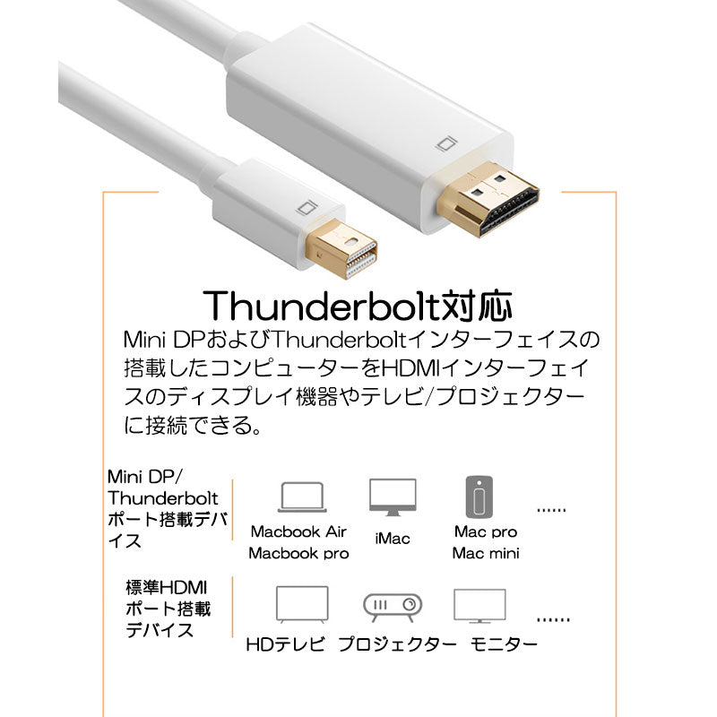 MiniDP to HDMI 4K 変換ケーブル 1.8m 白色 アダプター Mini DisplayPort オス to HDMI オス MacPC ノートパソコン TV ディスプレイ