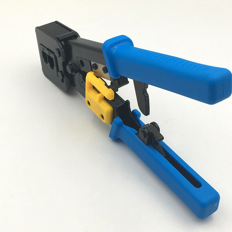 LANケーブルプラグ圧着機 貫通対応 圧着ベンチ かしめ工具 RJ45/RJ11 8P/6Pのコネクタ LAN工具 電話 モジュラー加工工具 ラチェット式 ケーブルカッター