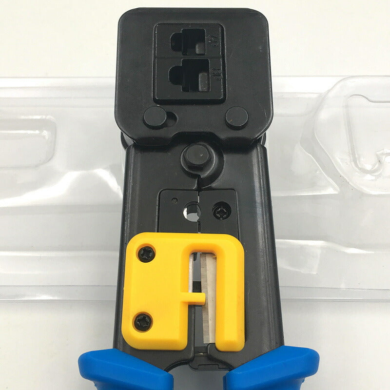 LANケーブルプラグ圧着機 貫通対応 圧着ベンチ かしめ工具 RJ45/RJ11 8P/6Pのコネクタ LAN工具 電話 モジュラー加工工具 ラチェット式 ケーブルカッター