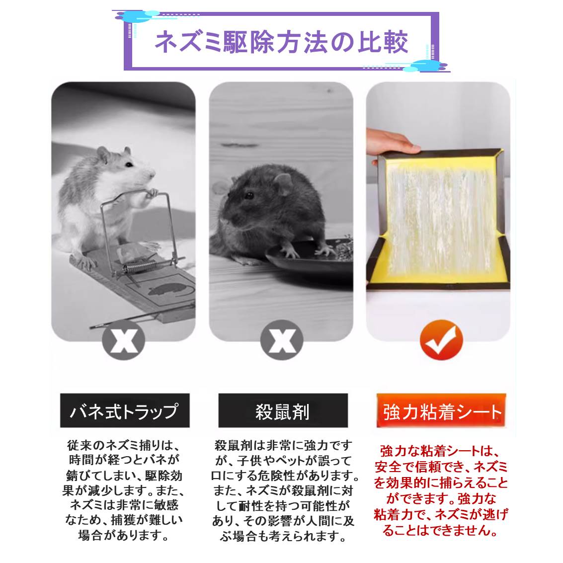ネズミ捕り 強力粘着ボード 3枚セット ネズミ駆除 ボード シート 折りたたみ 収納可 簡単設置 回収 マウス捕まりパッド 香り付き 高温/低温耐性 家 倉庫 家庭用