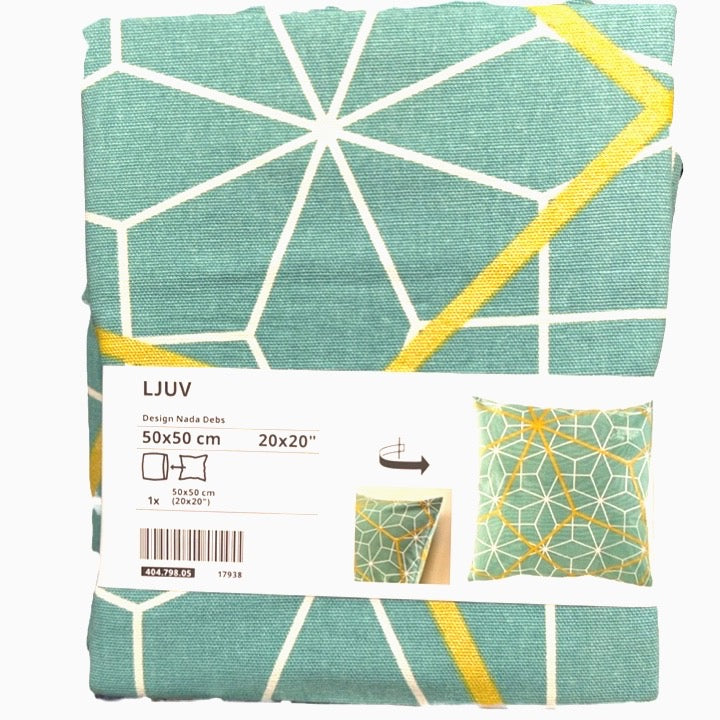 イケア IKEA クッションカバー LJUV ジューヴ ターコイズ プリント 50x50cm