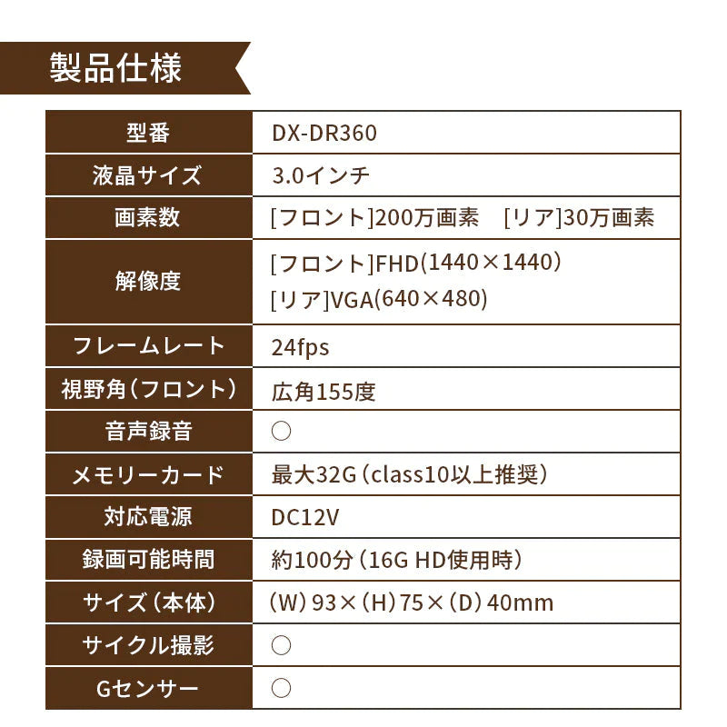リアカメラ付き360° ドライブレコーダー ドラレコ 360度 バックカメラ Gセンサー搭載 200万画素 全方位撮影 タッチパネル式 DX-DR360 DIXIA TOHO