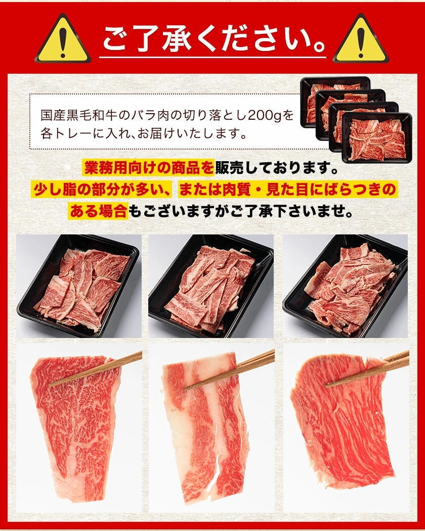 黒毛和牛 切り落とし 国産 バラ肉 800g 送料無料 (200g×4パック)九州産 まとめ買い 業務用 ばら肉 お徳用 大容量 牛バラ
