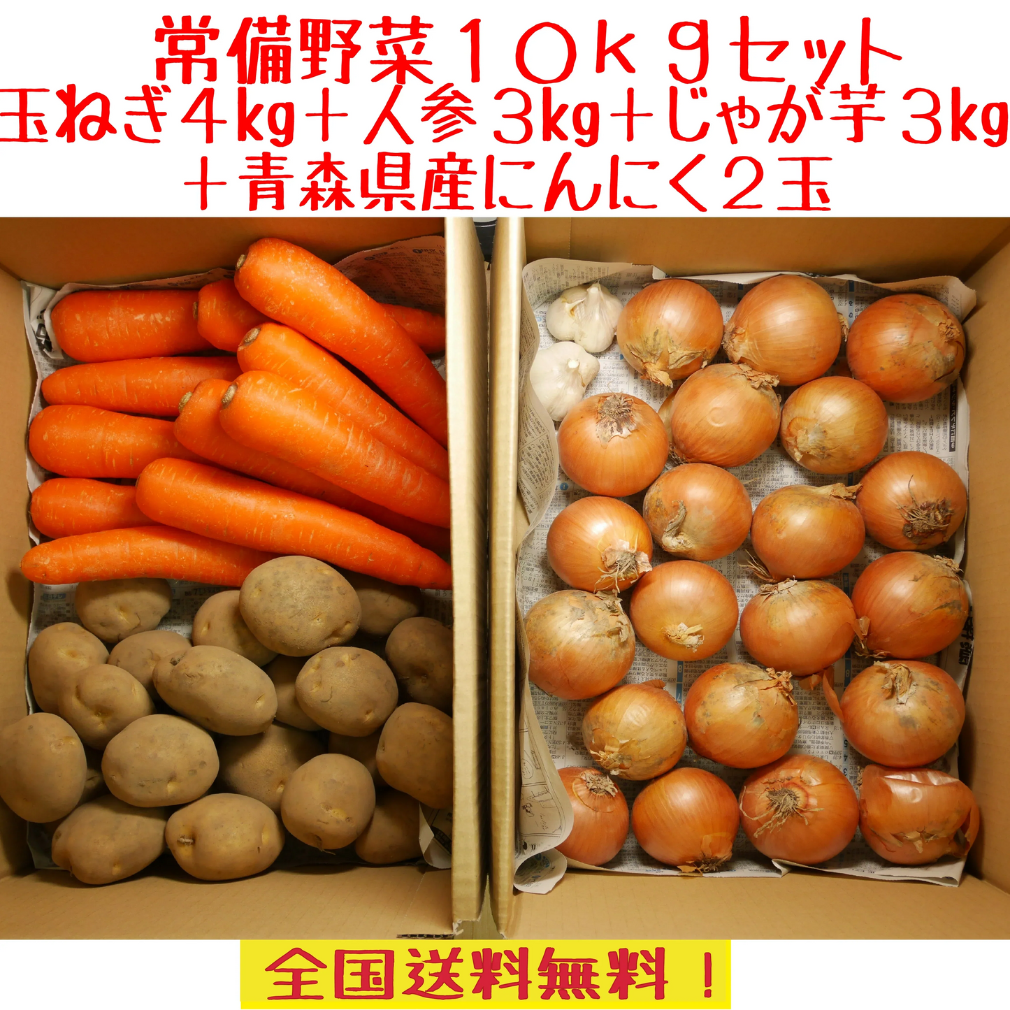 野菜セット 常備野菜 10kg ・国産 人参3kg+国産新じゃがいも3kg+国産たまねぎ4kg+青森県産にんにく2玉 国産 新鮮野菜