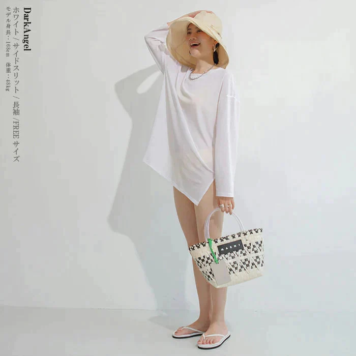 (ホワイト/長袖/FREEサイズ)シアーロングスリーブサイドスリットTシャツ【ゲリラセール】