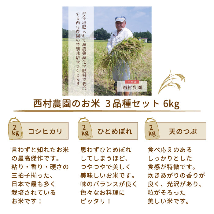 【3人シェア買いでお得】【令和4年産】【西村農園のお米】 3品種食べ比べセット6kg(コシヒカリ2kg、ひとめぼれ2kg、天のつぶ2kg) *