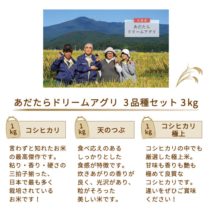 【3人シェア買いでお得】【令和4年産】【おいしいお米コンクール受賞米あだたらドリームアグリ(株)】 3品種食べ比べセット3kg (コシヒカリ1kg、天のつぶ1kg、コシヒカリ極上1kg) *