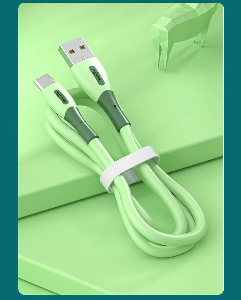 【グリーン】USB Android 3A 汚れにくい シリコン 水洗いOK Type-C 充電ケーブル 充電器 コード 急速充電 断線防止 高耐久 データ転送 スマホ タイプC iPhone