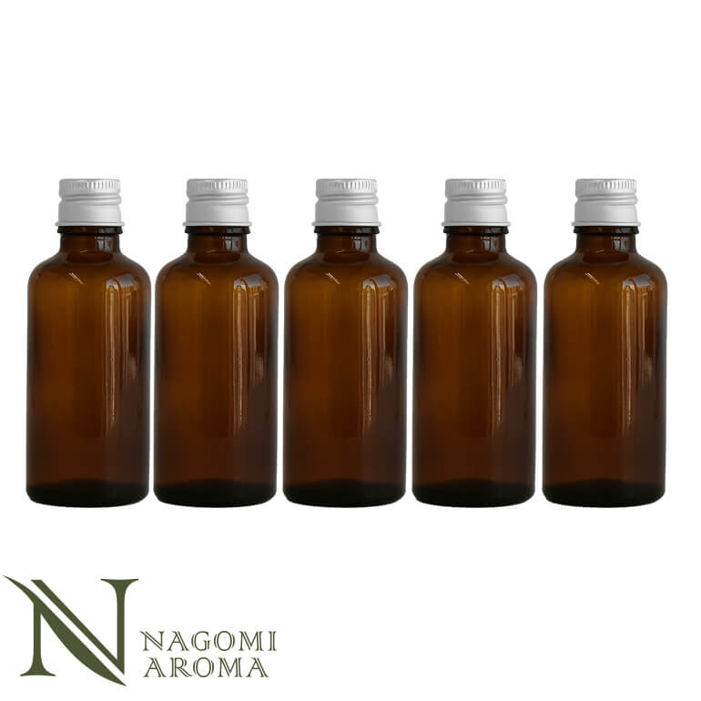 遮光ビン 50ml(アンバー) 5本セット シルバーキャップ ヴァーティカルドロッパー 【 遮光瓶 ガラス瓶 薬瓶 保存 アロマオイル エッセンシャルオイル 精油 キャリアオイル 香水 手作り コスメ ハンドメイド 蓋付 茶色 】