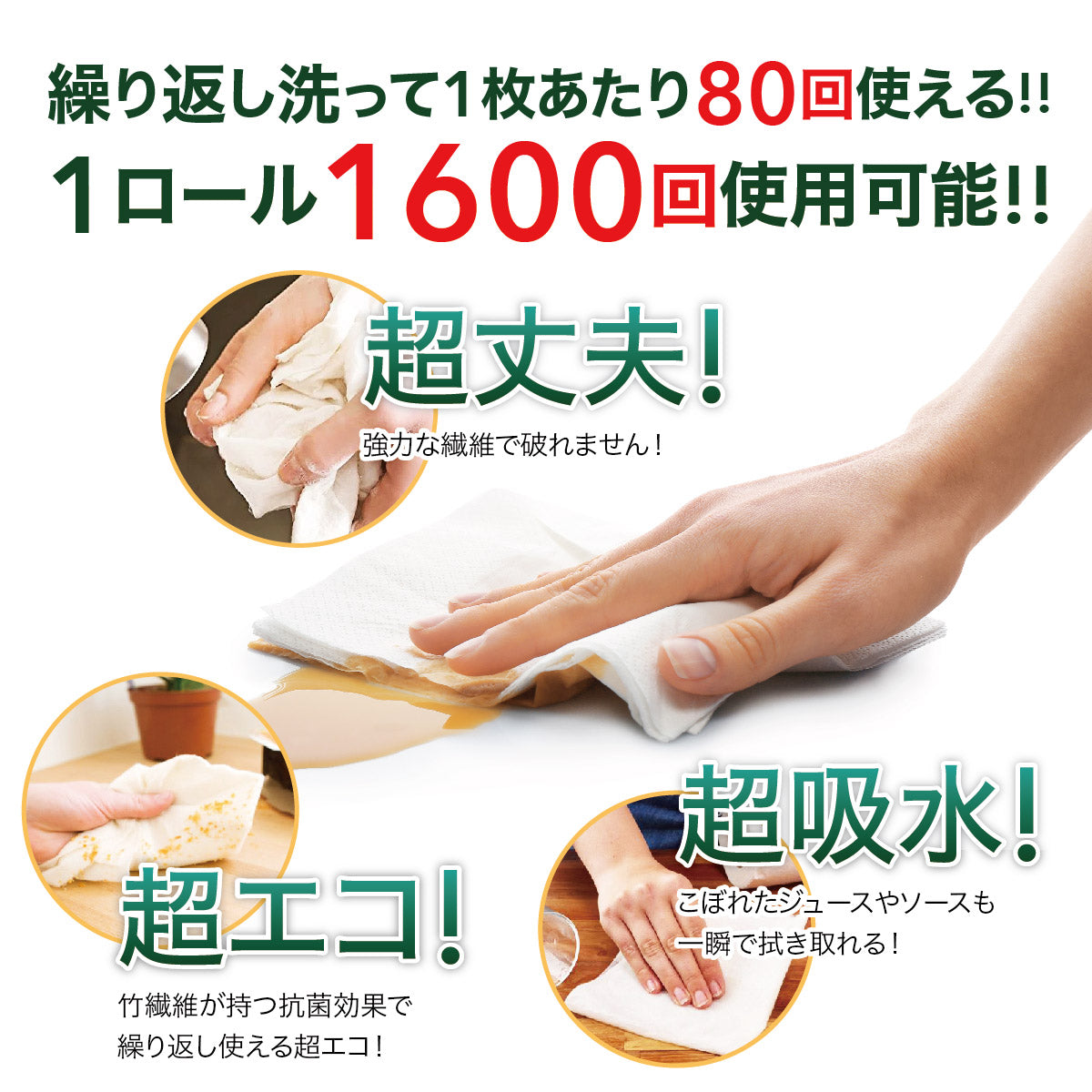 繰り返し洗って使える 竹キッチンタオル!1ロール 1600回使用可能