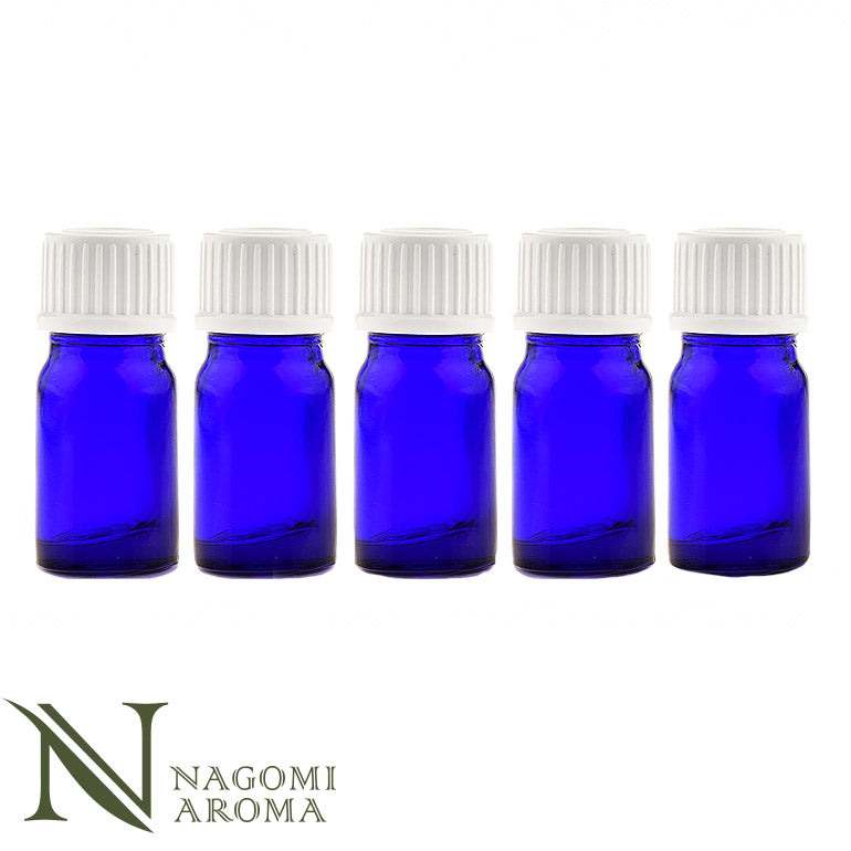 遮光ビン 5ml(ブルー) 5本セット 白キャップ&ヴァーティカルドロッパー 【 遮光瓶 ガラス瓶 薬瓶 保存 アロマオイル エッセンシャルオイル キャリアオイル フレグランスオイル 精油 香水 手作り コスメ ハンドメイド 蓋付 コバルト 】