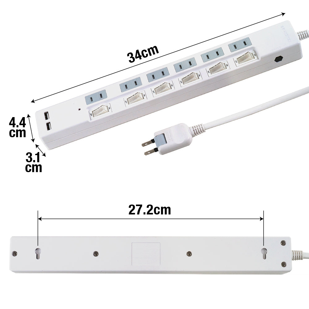 ブレーカー 雷ガード USB充電ポート付電源タップ 2ポート合計3.4A出力 コンセント6口 2m 18ヵ月保証 スマホ タブレット コンセントタップ USBタップ 延長コード【ホワイト】