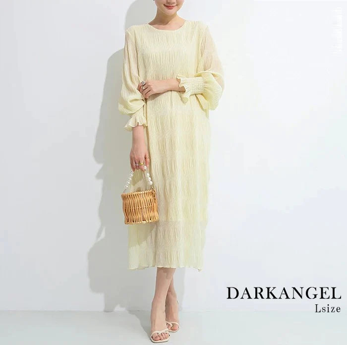 【超得ハイパーSALE】シャーリングシフォンワンピース(アイボリー/長袖/Lサイズ)