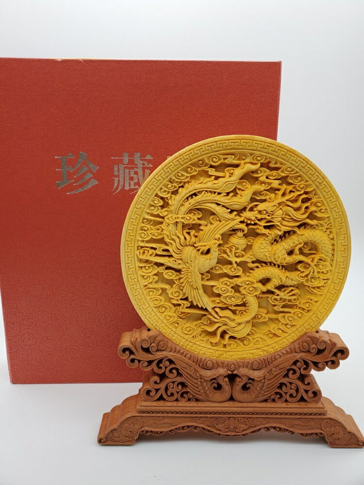 龍 鳳凰 皿 極上彫り【お皿型龍神&鳳凰彫り】直径約145mm 台付き 木彫り 龍神&鳳凰 風水 インテリア 彫刻 仏像 縁起物 祈る 開運 スピリチュアル プレゼント 贈り物 ギフト お土産 お守り 置物 飾り 丸型 ドラゴン 鳥 神鳥 ウッド 刻印