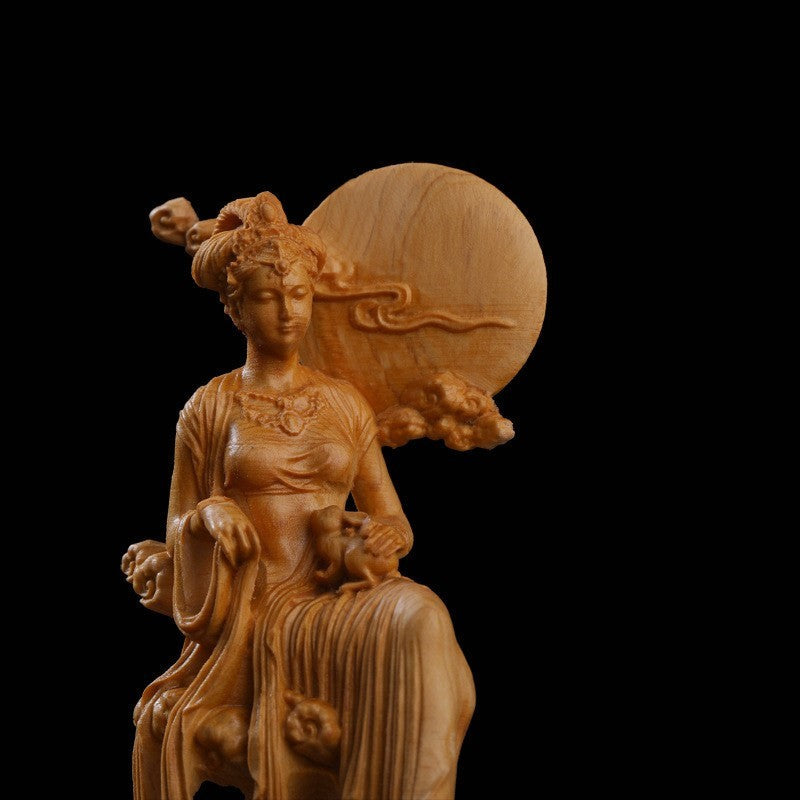 月の神 嫦娥 中秋 置物 木彫り 天女像 中国神話人物 手作り 美術品 中秋の贈り物 かぐや姫 彫刻 兎 月見 満月 風水