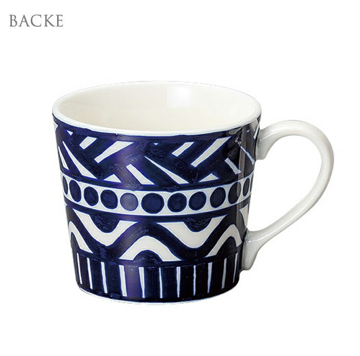 バッケマグカップ 295cc 北欧風食器 幾何学模様 藍色 青色 ネイビー アイボリー MUG 国産 日本製 マグカップ 北欧 陶器のふる里 trys光