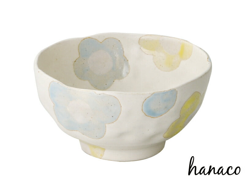 hanaco飯碗大ブルー 直径11.8cm ブルー×イエロー×アイボリー 黄色 水色 ご飯茶碗 ごはんちゃわん 花 和食器 土物 陶土器 良質 国産 陶器のふる里 trysケ