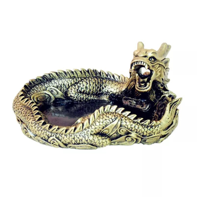 浄化用 灰皿 ガラス クリスタルガラス おしゃれ かっこいい 高級 ギフト ドラゴン 龍 竜 アンティーク風 骨董風 インテリア 置物 オブジェ 灰皿 とぐろを巻く龍 円形 (アンティークゴールド) 守護龍