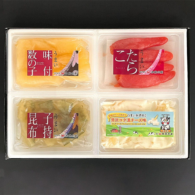 魚卵詰め合わせ100g×4種類 味付数の子 味付子持昆布 塩たらこ チーズ数の子 加藤水産 かずのこ 冷凍便 送料無料 お取り寄せグルメ 食品 ギフト 海鮮