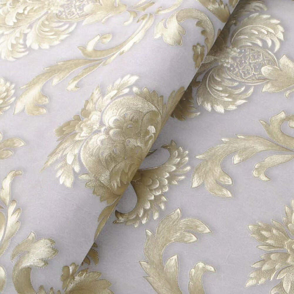 壁紙 ダマスク柄 オフホワイト ゴールド 53cm×1000cm のりなしタイプ DIY 模様替え かわいい damask クロス 補修 ラグジュアリー 北欧 賃貸壁紙 背景 プレゼント シンプル ベッドルーム リビング 防音 リメイク リフォーム