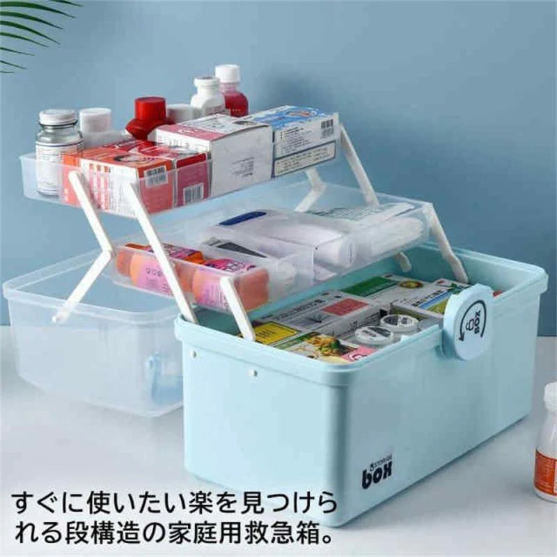 収納ボックス 薬箱 救急箱 大容量 3層 応急ボックス 取っ手付き 携帯便利 家庭用 薬入れ 小物入 w463A(ブルー)