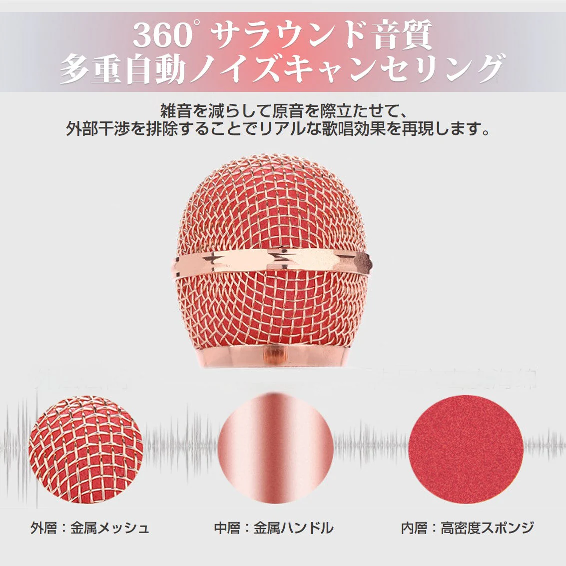 カラオケマイク ローズゴールド ワイヤレスマイク Bluetoothマイク スピーカー付き 高音質 USB充電 録音 ボーカルカット エコー 子供 クリスマス 誕生日 パーティー プレゼント