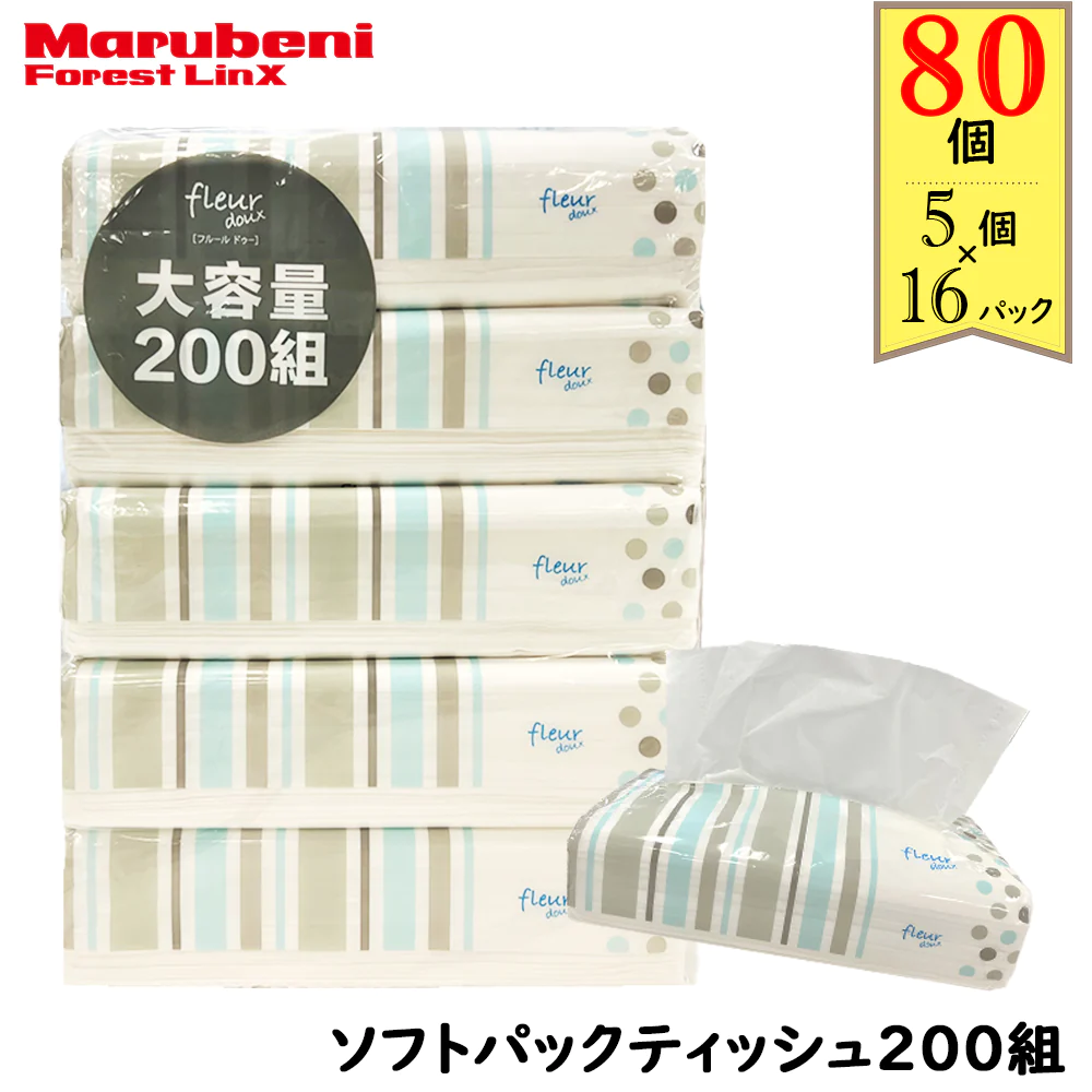 【超得ハイパーSALE】＼大容量ティッシュ／［400枚（200組）5個×16パック(80個)入り ］ティッシュペーパー ソフトパックティッシュ200W 青色パッケージ フルールドゥ 送料無料