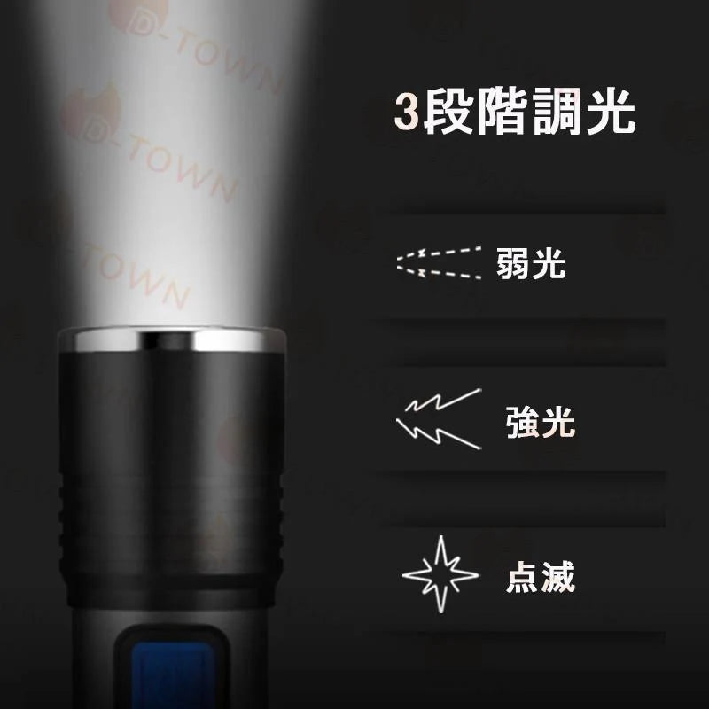 LED 懐中電灯 強力 ハンディライト 3モード ズーム 超高輝度 ワークライト フラッシュライト 作業灯 充電式 小型 軽量 USB充電式 防水 防災