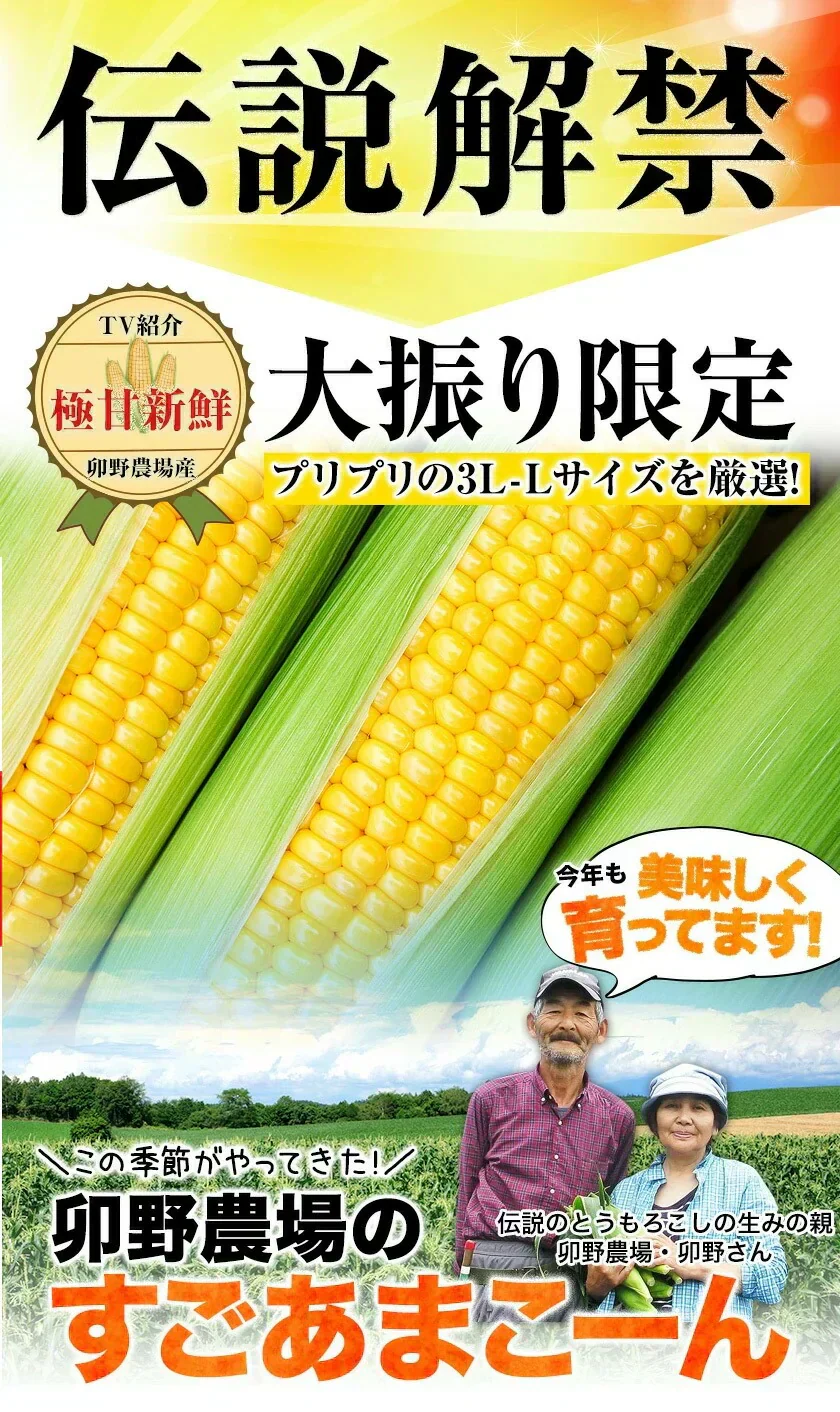 【TVで紹介】とうもろこし 卯野農場 すごあまこーん 12本入り 【3L~Lサイズ / 約3.6kg-4.8kg前後】  朝採り スイートコーン 《7-14営業日以内に発送予定（土日祝除く）》