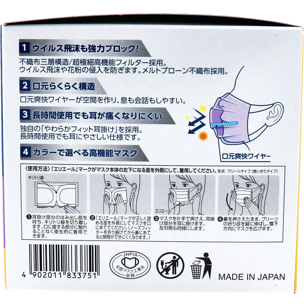日本製3層不織布マスク エリエール ハイパーブロックマスク ムレ爽快colors ふつうサイズ ラベンダー 30枚入り X4箱