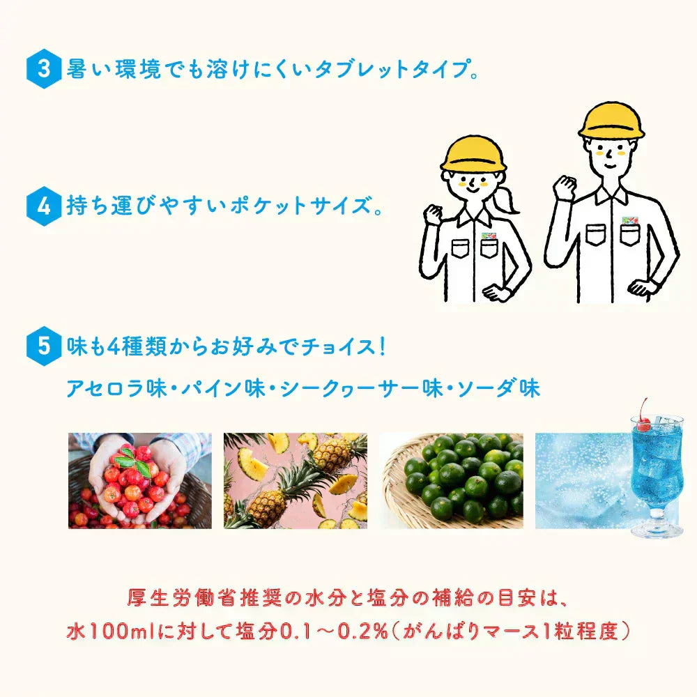 がんばりマース　塩タブレット　アセロラ味（1袋20粒入り×5セット）　ビタミンC　BCAA　クエン酸　沖縄県産黒糖　沖縄県産塩　ロイシン　バリン　イソロイシン　クエン酸