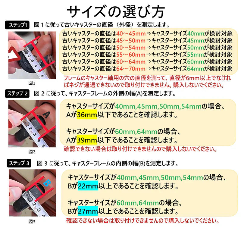 キャスター 交換キット 型番54mm×22mm タイヤ 4個セット スーツケース 修理 交換 ノコギリ付き 台車 キャリー 部品 車輪 ホイール 直径 40mm 45mm 50mm 54mm 60mm 64mm