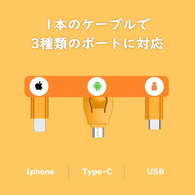 ケーブル 急速充電 3in1 USB Type-c 巻取り 充電 iPhone Pro Max Android 一本三役 在宅 勤務 w450A(オレンジ)