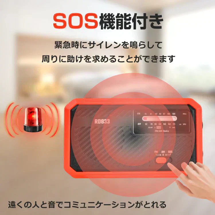 【レッド】ラジオ 多機能 防災用 600mAh 懐中電灯 乾電池 手回し USB蓄電 ソーラー AM/FM対応 スマホ充電 防災