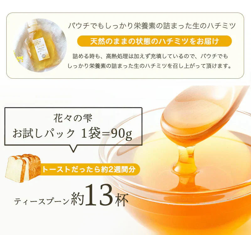 国産 天然ハチミツ　花々の雫 パウチタイプ 90g 非加熱 はちみつ 蜂蜜 ギフト 瓶詰 国産蜂蜜