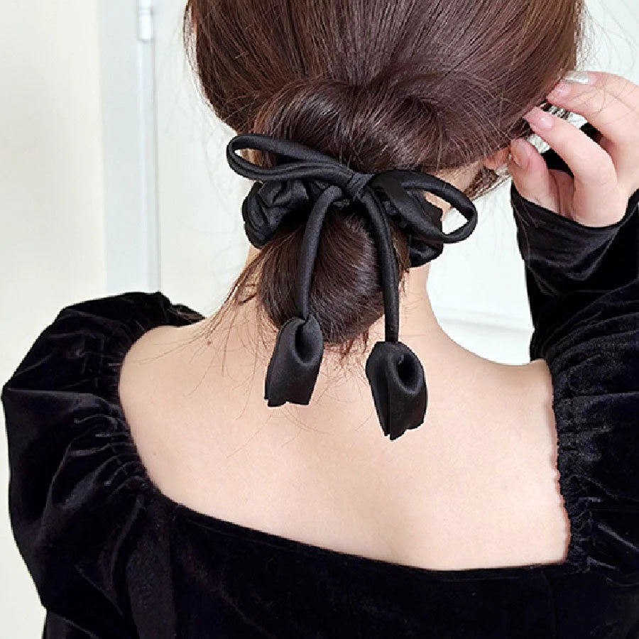 (ブラック)リボンヘアゴム ヘアアクセサリー オシャレ 髪飾り 上品 パーティー飾り