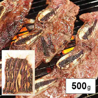 【５００ｇ】本場韓国の味！牛骨付きカルビ(味付け)／韓国の秘伝のタレ使用!梨・玉ねぎ・リンゴのピューレ、ニンニク等焼き上がりの旨みが違います!
